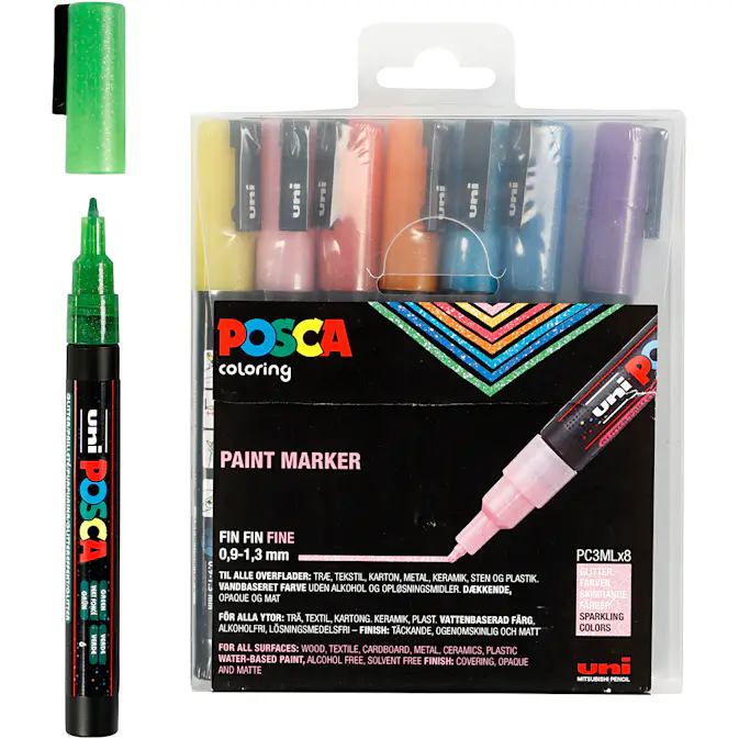 Tusj Creativ Company Posca Glitter Farger Nr PC-3ML Strek 0,9-1,3 mm 8 Stk/1 Pk