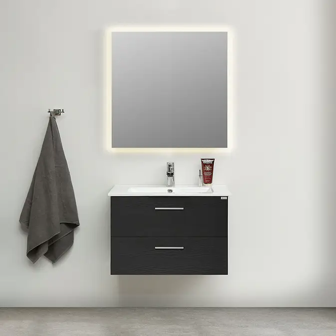 Möbelpaket 4AQUA Slim Svart Ek 80 med Lådor och Spegel Luna LED