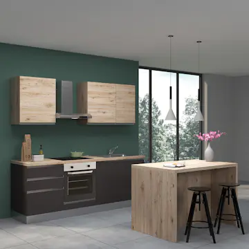 Komplett Kjøkken Mimo Dalia 225 Høyre Mørkgrå/Eik inkl. Hvitevarer Ferdigmontert