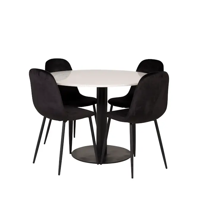 Spisegruppe Venture Home Roxanna HHvitBord med 4 Pobbie Stoler Fløyel
