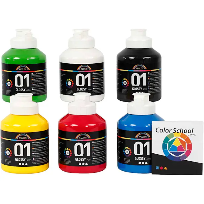 Akrylmaling Creativ Company A-color Primærfarger Nr 01 Blank 6 stk 500 ml/1 Forp