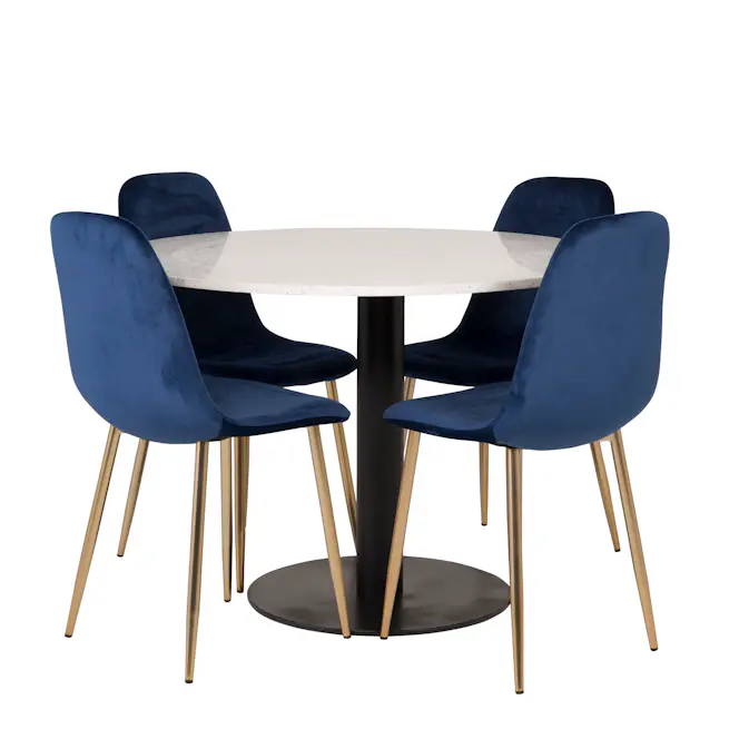 Spisegruppe Venture Home Roxanna HHvitBord med 4 Pobbie Stoler Fløyel