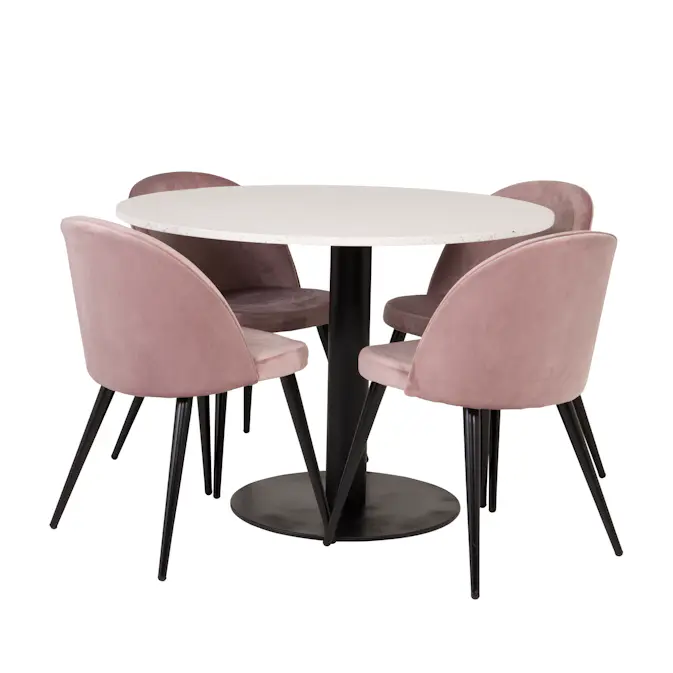 Spisegruppe Venture Home Roxanna HHvitBord med 4 Valentina Stoler Fløyel