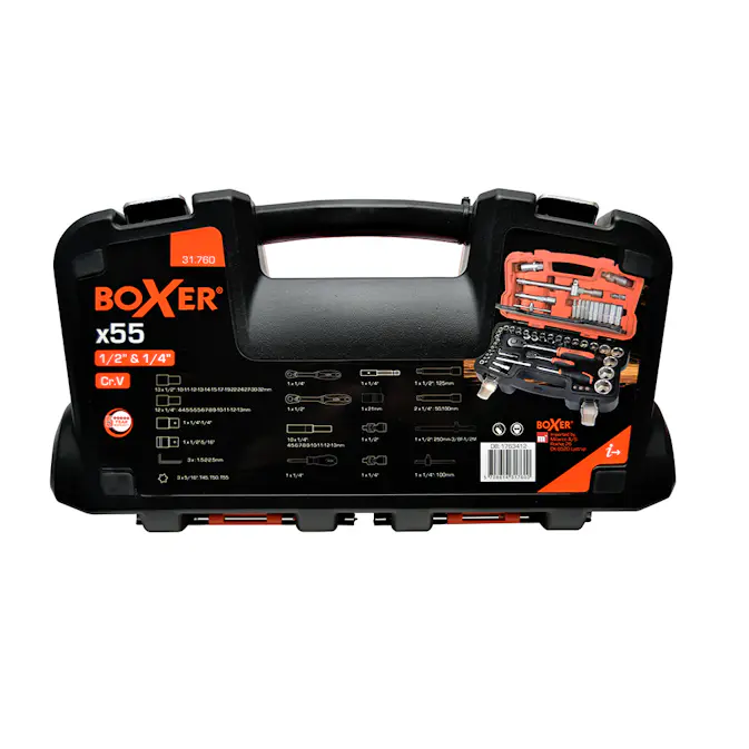 Pipenøkkelsett Boxer 1/4-1/2 tommer-55-deler
