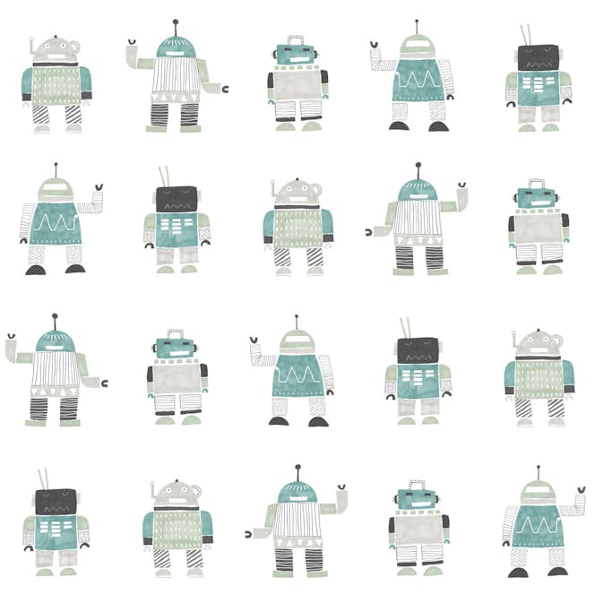 Tapet ESTAhome Tegnede Vintage Leketøysroboter Mintgrønn/Blå