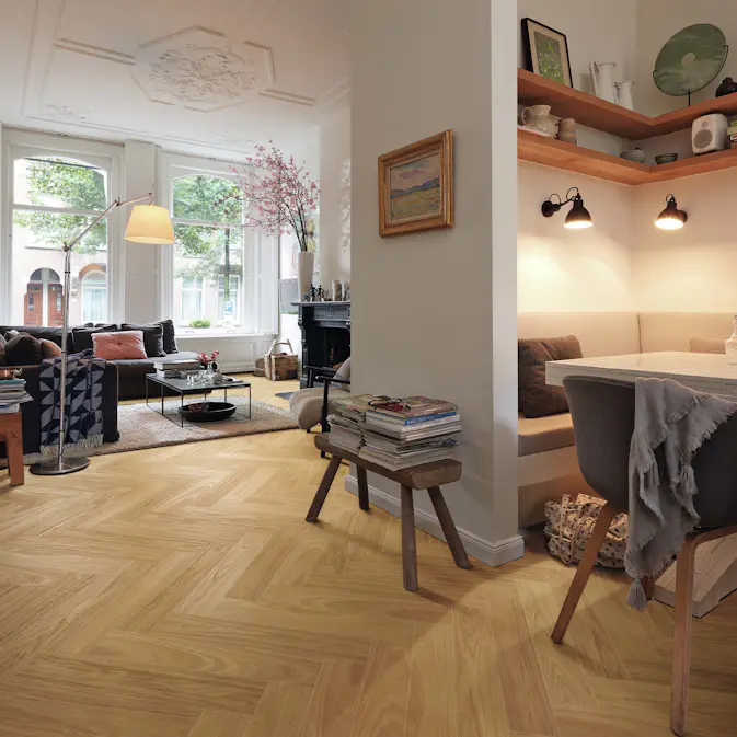 Parkettgolv Meister 9000 PS 500 Borstad Ultramattlackad Ek Fiskbensparkett