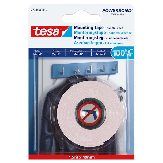Monteringstape Tesa Glatt Overflate 1,5 m x 1 mm 100 kg