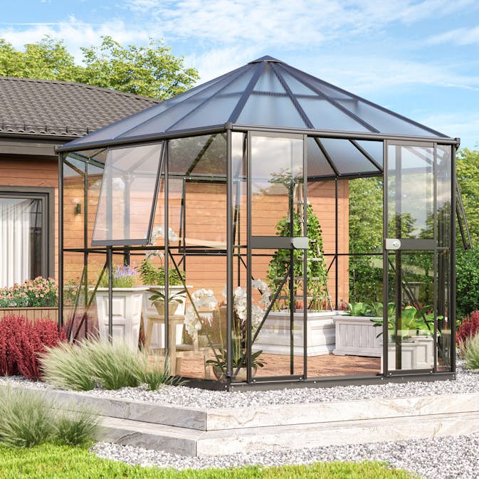 Drivhus Vitavia Hera 2 9 kvm med Sokkel og Polytak