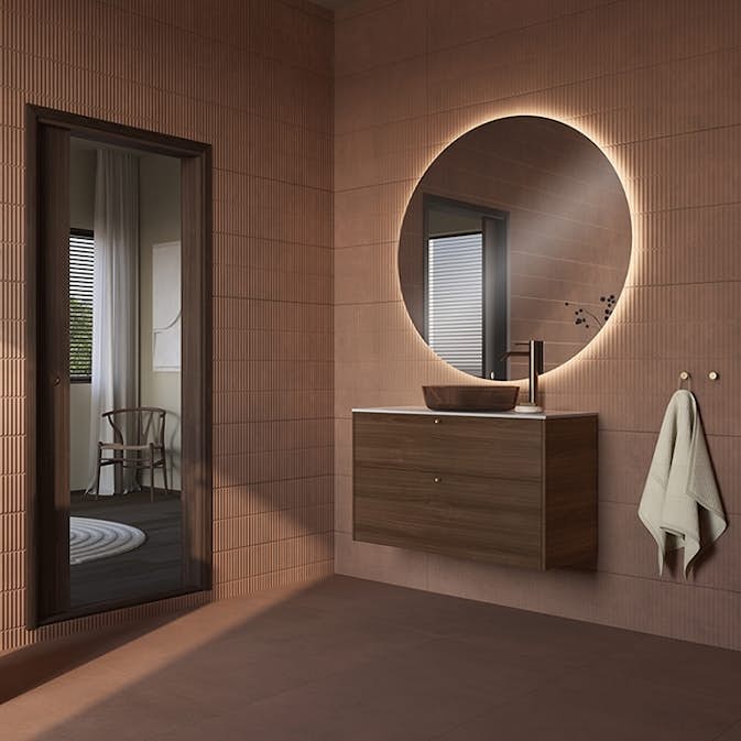 Møbelpakke FOSSBAD Innovent 100 Valnøtt med Arga X-gloss Benkeplate og Amor Glasservant