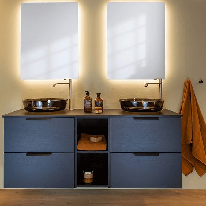 Møbelpakke FOSSBAD Variant46 150 Sort Eik med Åpen Hylle og Amor Glasservant