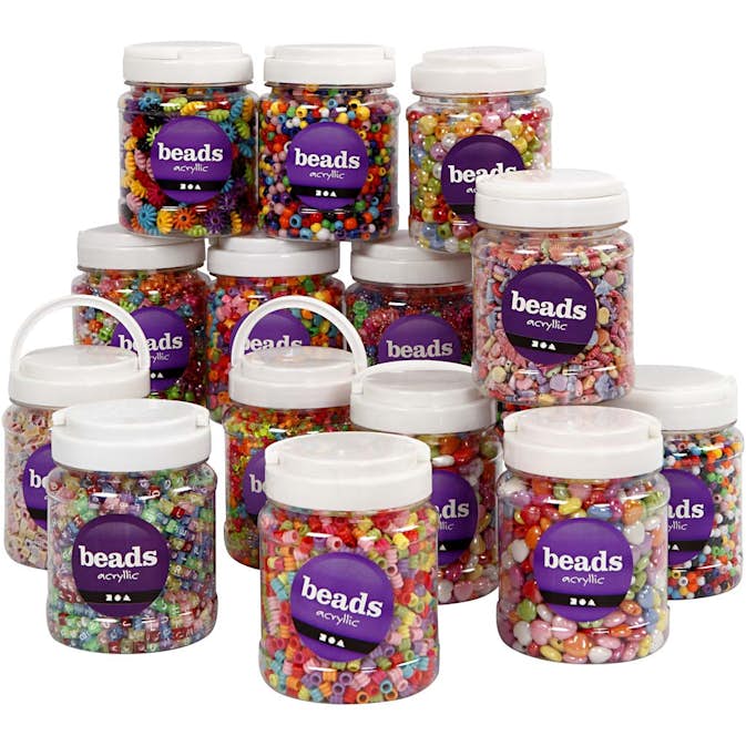 Plastperler Creativ Company Ass Farger Str 6-15 mm Hullstr 1,5-6 mm 16x700 ml/1 Pk