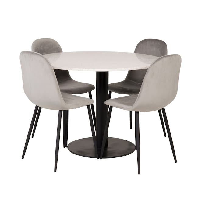 Spisegruppe Venture Home Roxanna HHvitBord med 4 Pobbie Stoler Fløyel
