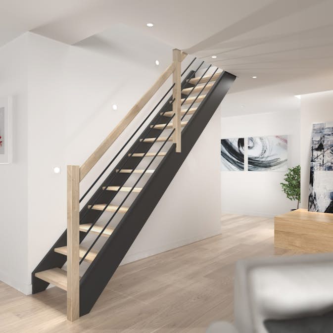 Plassbesparende Trapp Dolle Helsinki Svart/Eik Rett med Rekkverk Svart Alu/Tre