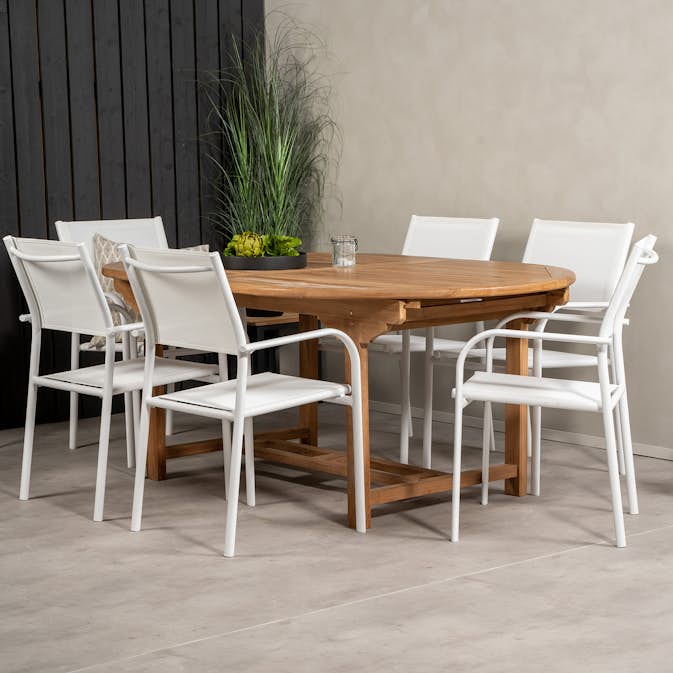 Spisegruppe Venture Home Kenya 180-240x120 Teak med 6 Santorini Lenestoler