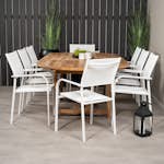 Spisegruppe Venture Home Kenya 180-240x120 Teak med 8 Santorini Lenestoler