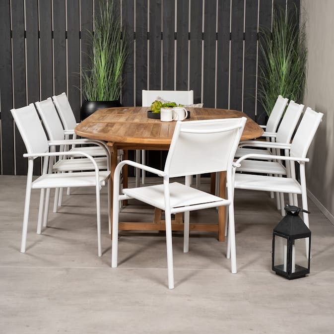 Spisegruppe Venture Home Kenya 180-240x120 Teak med 8 Santorini Lenestoler