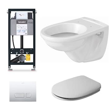 Toalettpakke Duravit D-Code Vegghengt Toalett, Fixtur og Spyleknapp med Toalettsete