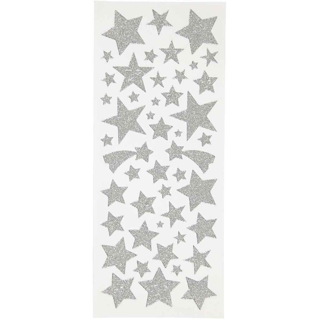 Glitterstickers, silver, stjärnor, 10x24 cm, 2 ark/ 1 förp. Sølv
