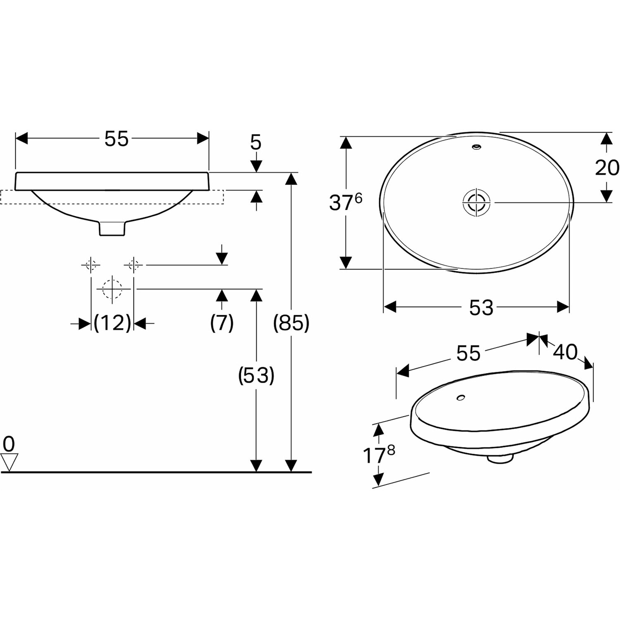 Tvättställ Geberit Variform 600 mm Infälld Elliptiskt