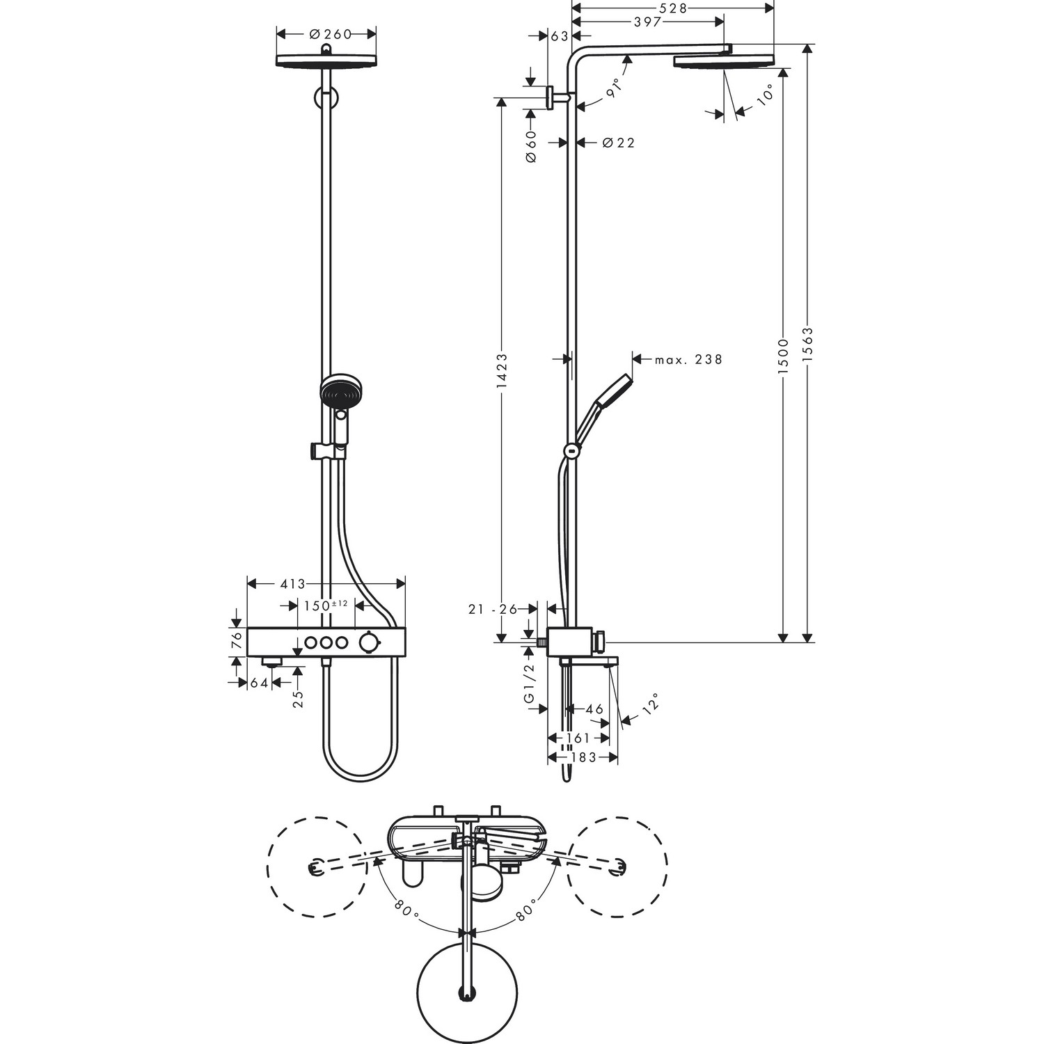 Takdusjsett Hansgrohe Pulsify S 260 1jet med Badekarbatteri