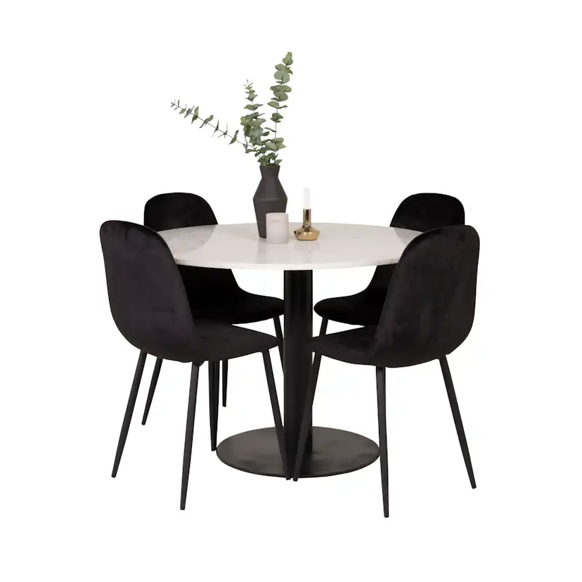 Spisegruppe Venture Home Roxanna HHvitBord med 4 Pobbie Stoler Fløyel