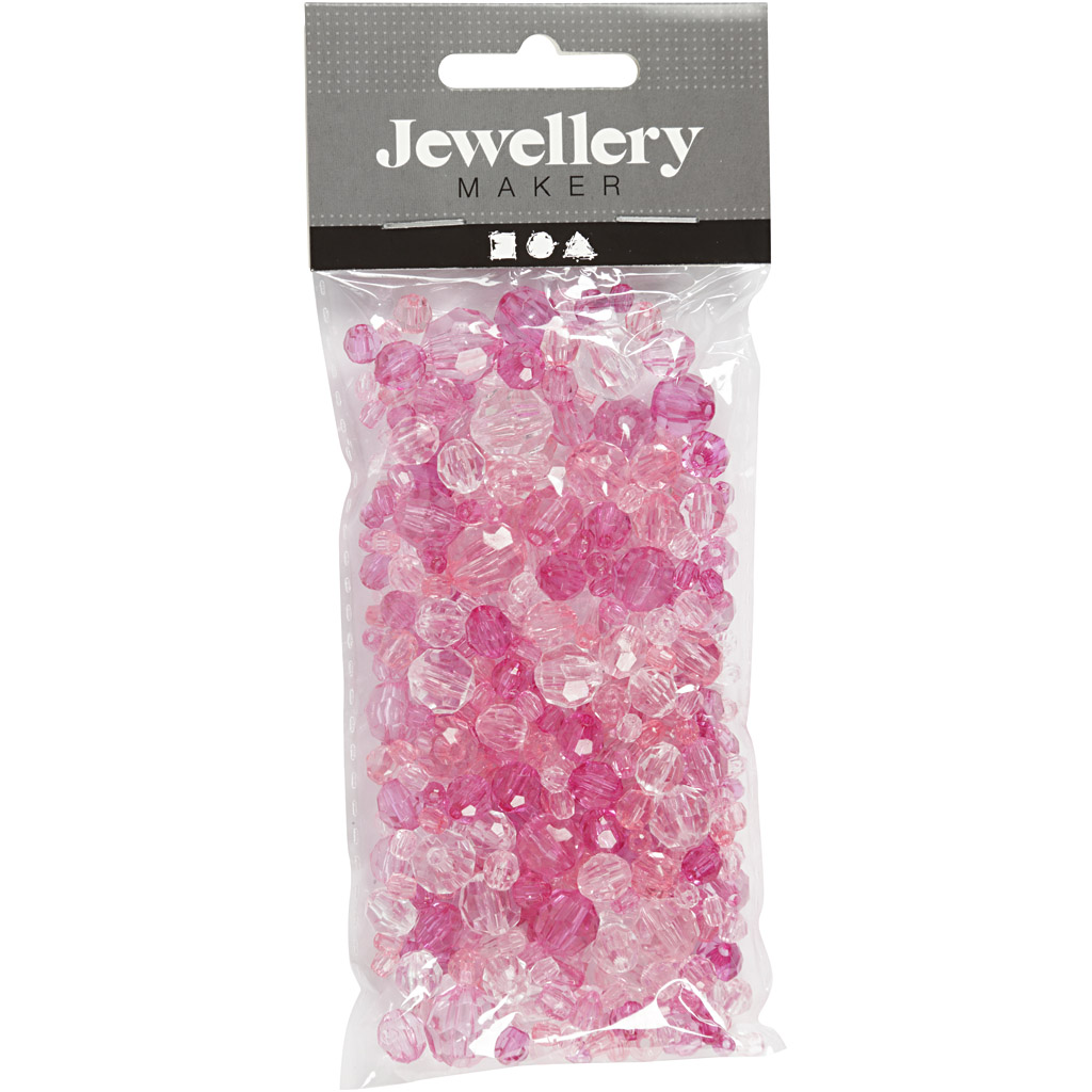 Harmoni facetterade plastpärlor, mixade, pink (081), stl. 4- Rosa, 0,045 Kg
