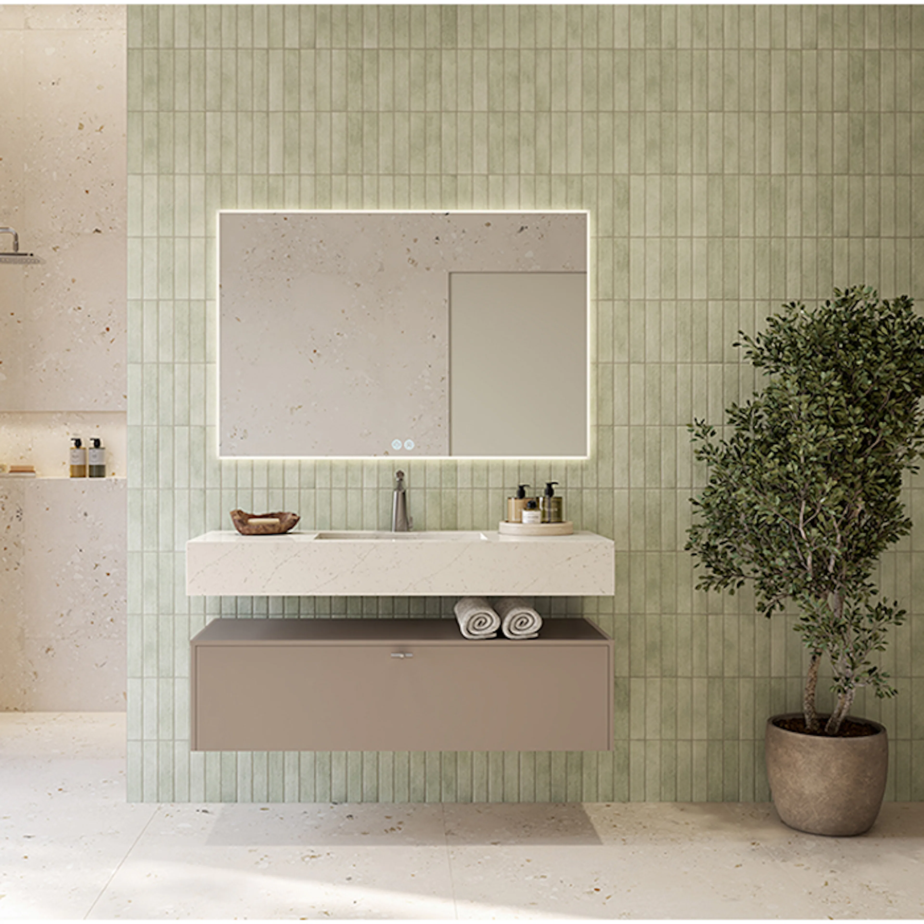 Møbelpakke FOSSBAD New Block Kommode 120 Greige med Simplicity silestoneservant og Angular speil