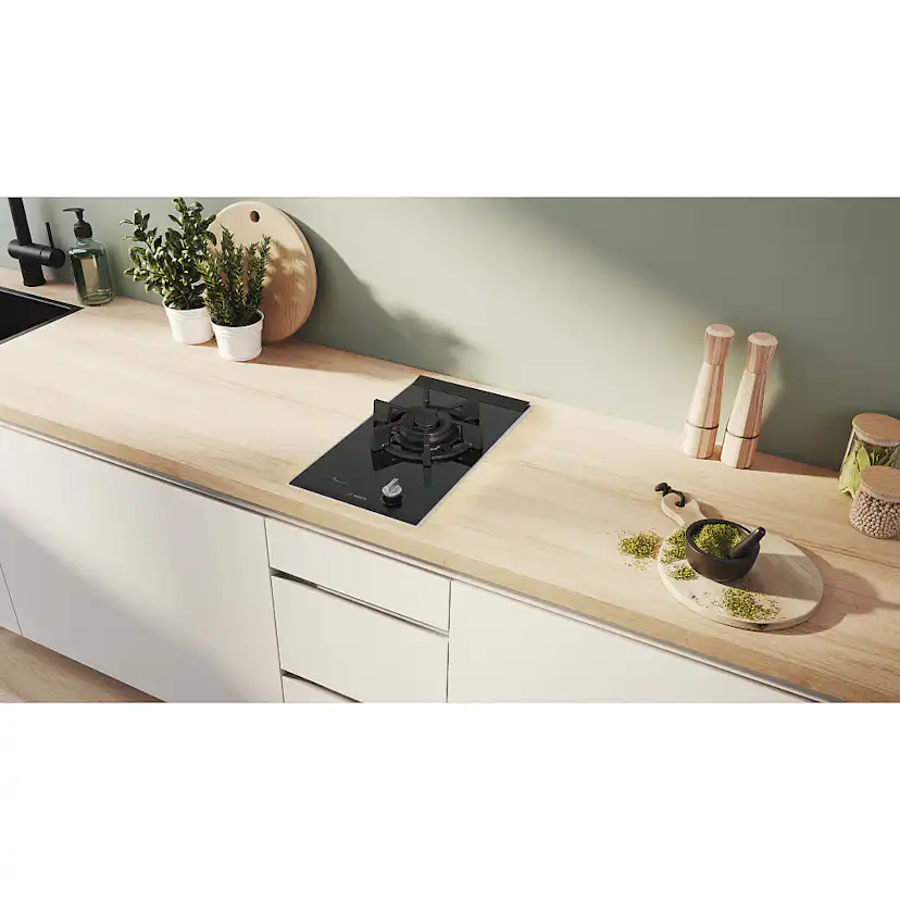Gasskomfyr Bosch Serie 8 PRA3A6I10 Sort Glasskeramikk 30cm med Flameselect og Oppvaskmaskinsikker Støtte