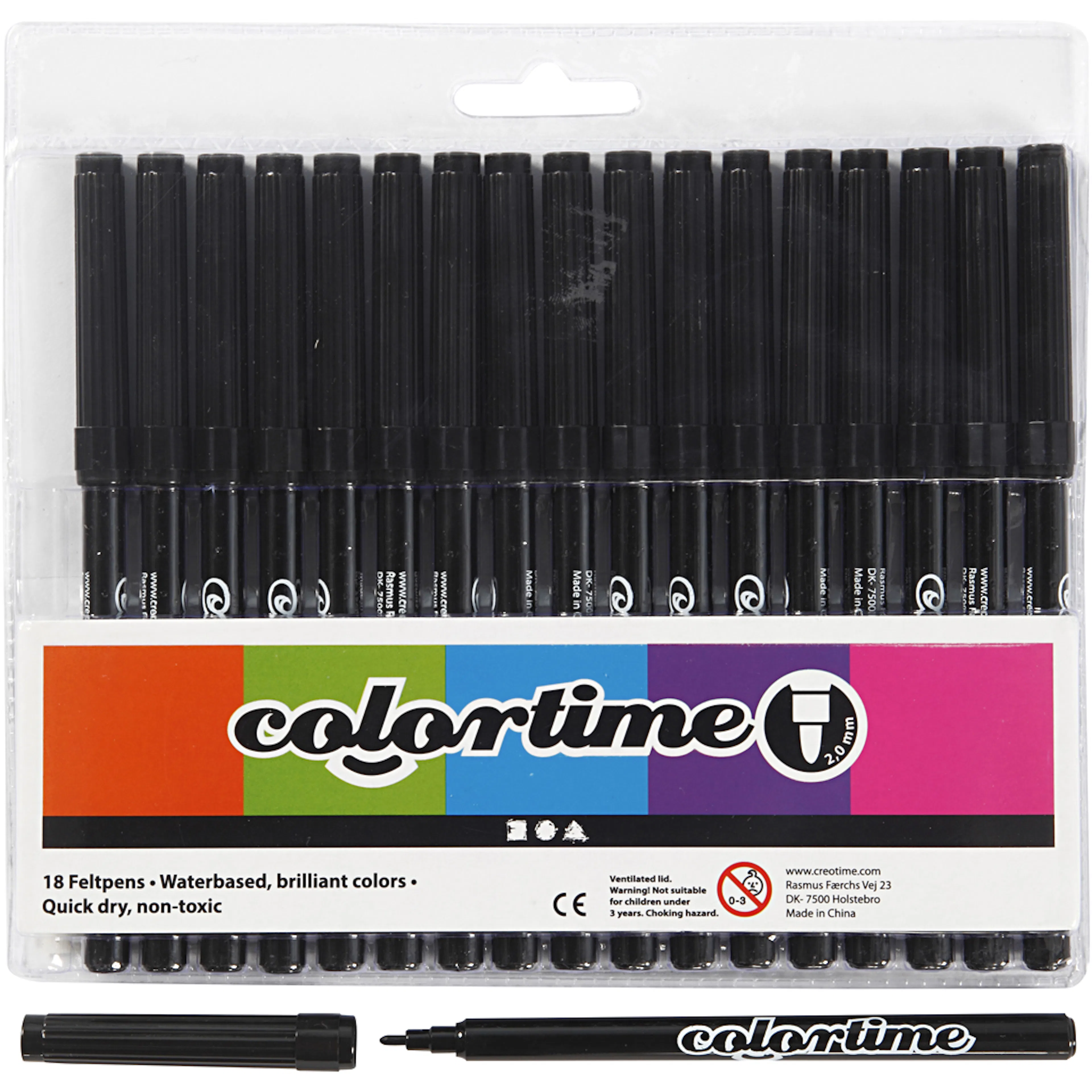 Colortime tuschpennor, svart, spets 2 mm, 18 st./ 1 förp. Svart, 18 st