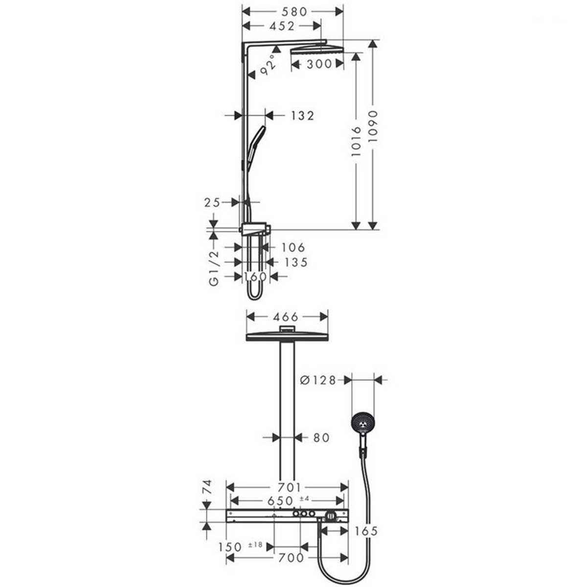 Takdusjsett Hansgrohe Rainmaker Select 460 3jet Showerpipe med 4 Funksjoner