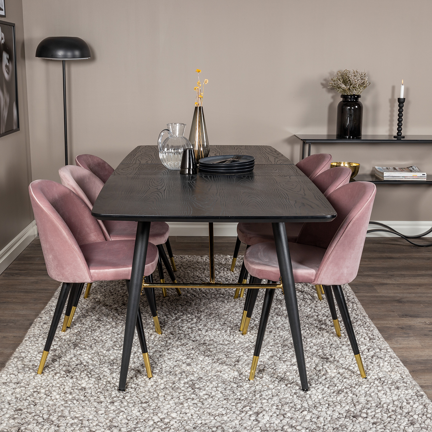 Spisegruppe Venture Home Gold med 6 Velvet Stoler