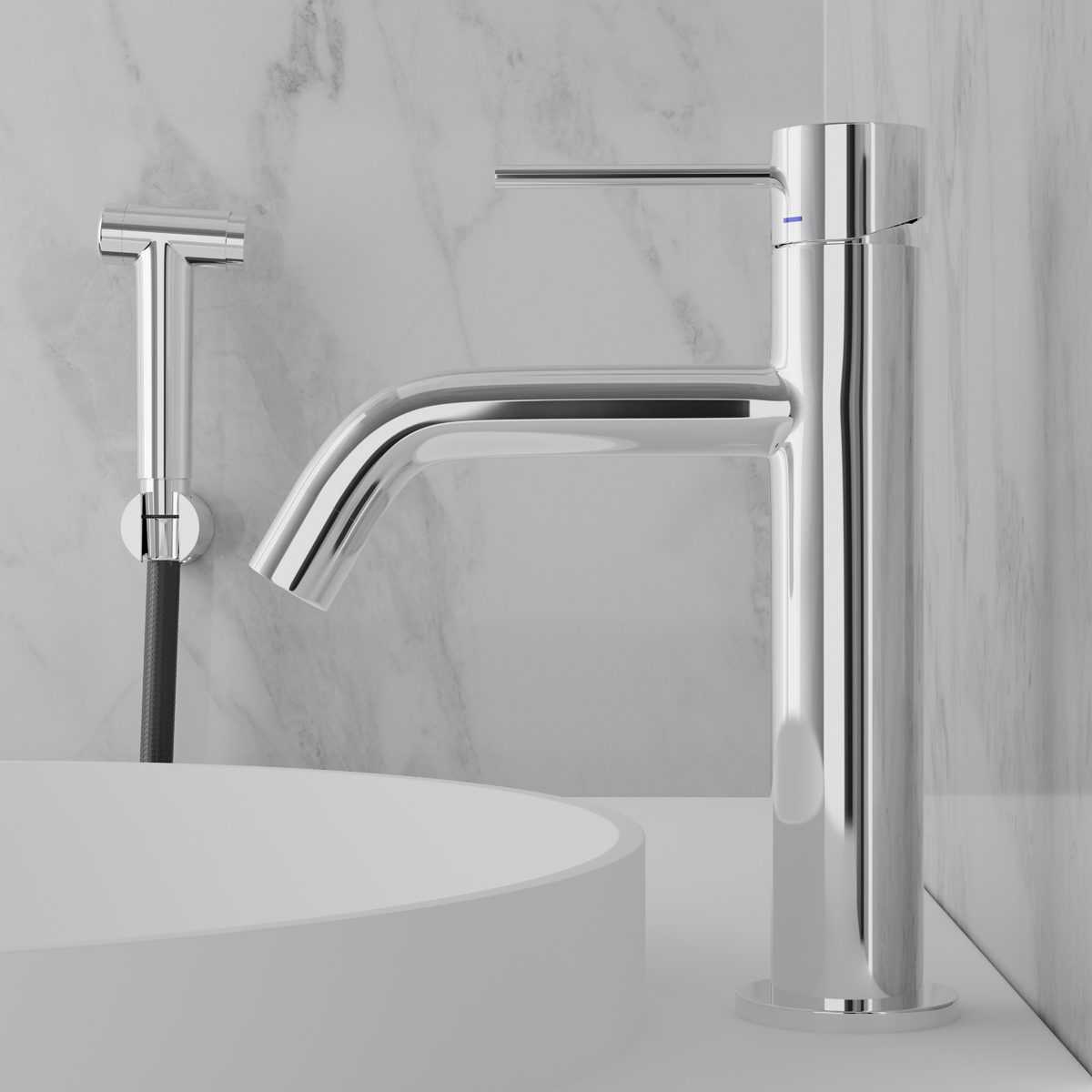 Tv&auml;ttst&auml;llsblandare Scandtap Steel Voyage Medium med Sidodusch
