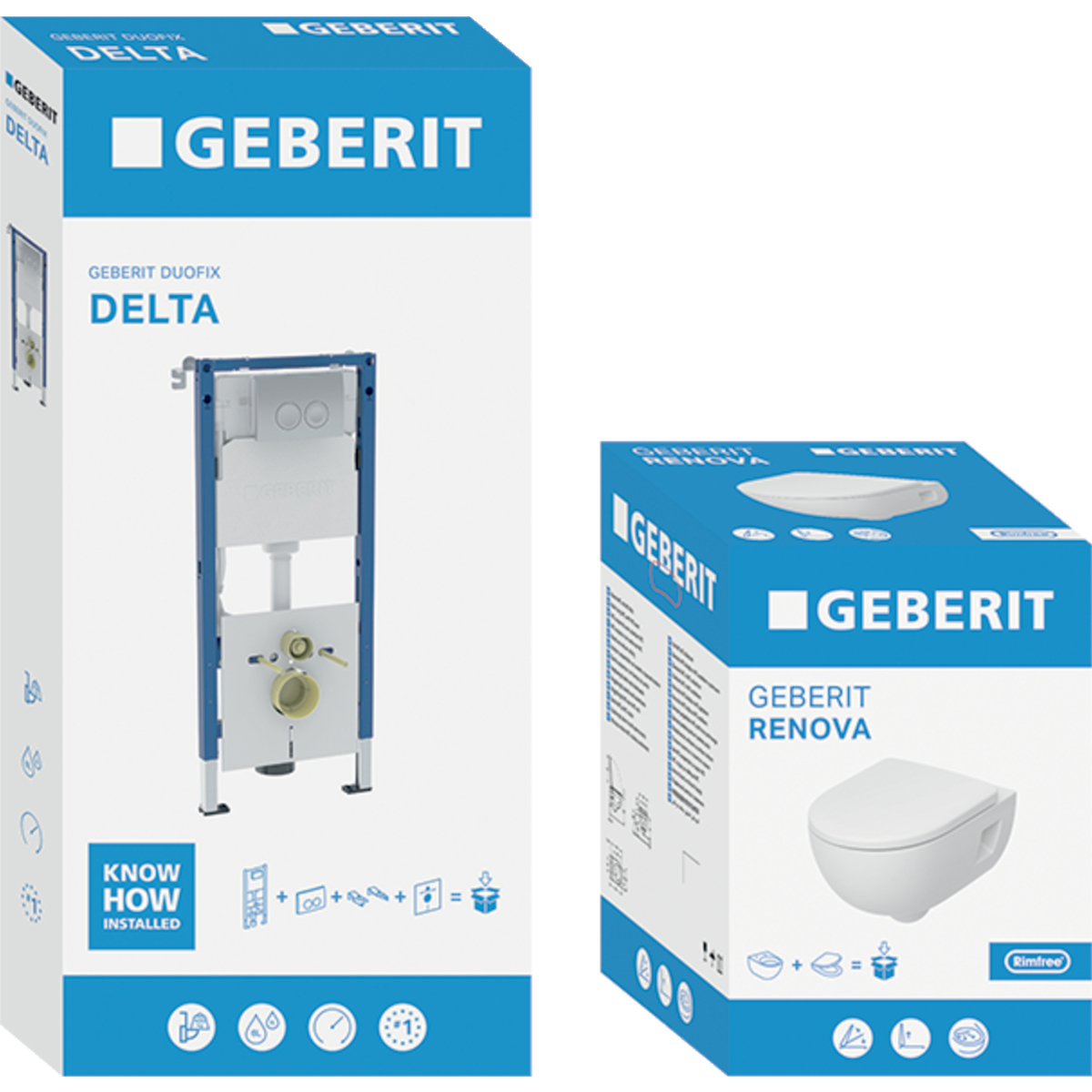 Toalettpaket Geberit Renova Rimfree med Delta WC-Fixtur och Spolplatta