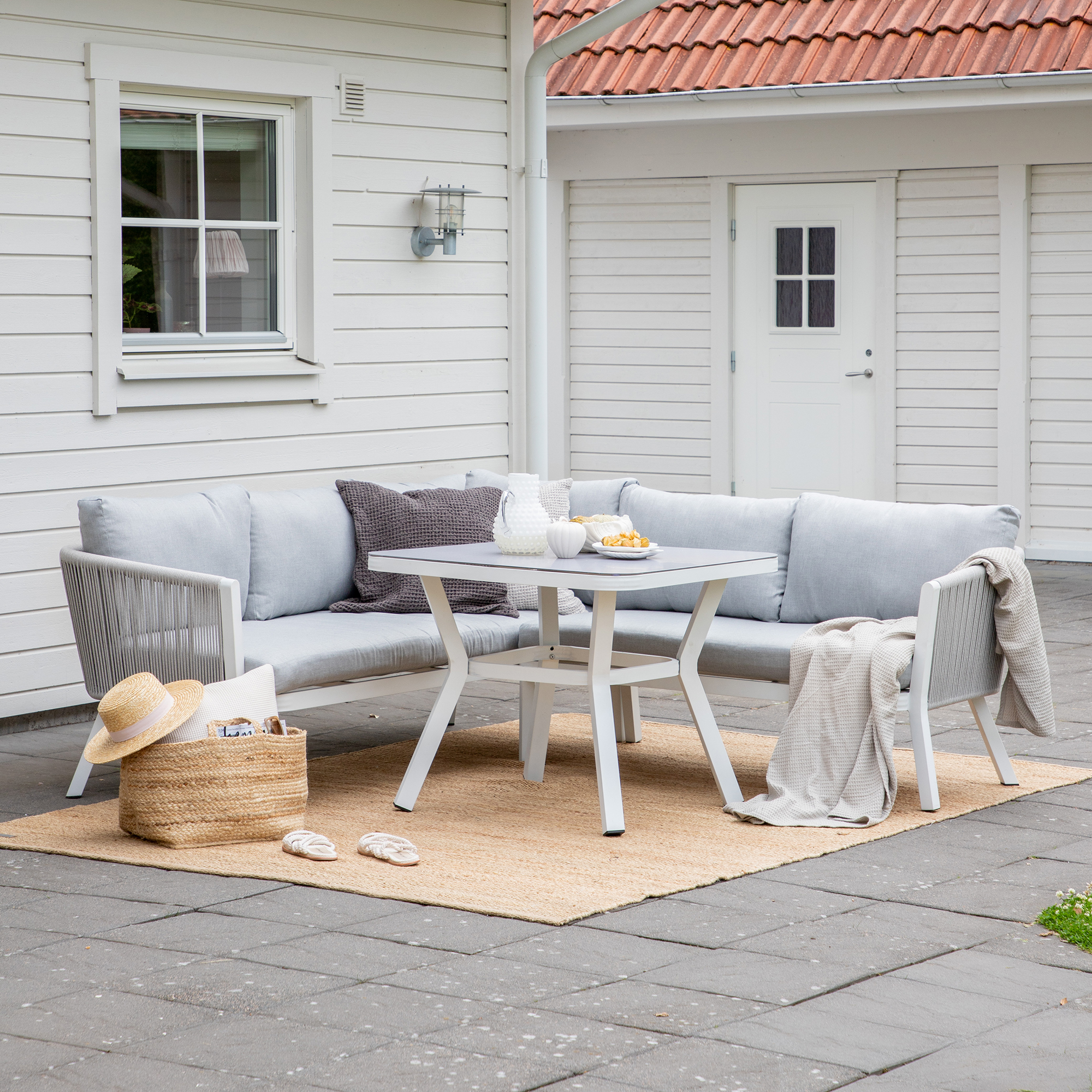 Virya Corner sofa set (3+2+1) White alu / Grey rope / grey c Hvit/Grå