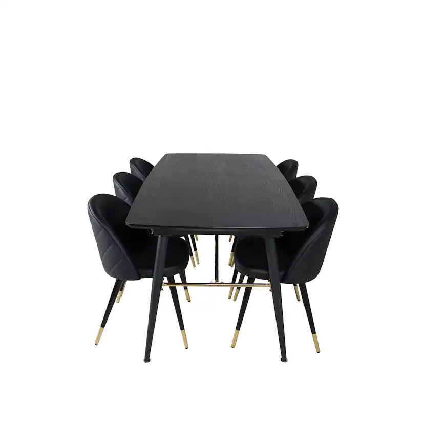 Gold Extention table -Black Veneer+Velvet Chair-PU-Black_6 Sort/Sort, Kunslær