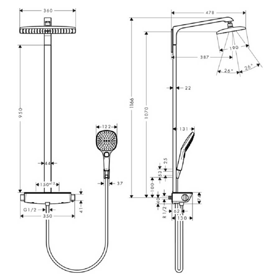 Takduschset Hansgrohe Raindance E Showerpipe 360 1-jet Långt Duschrör