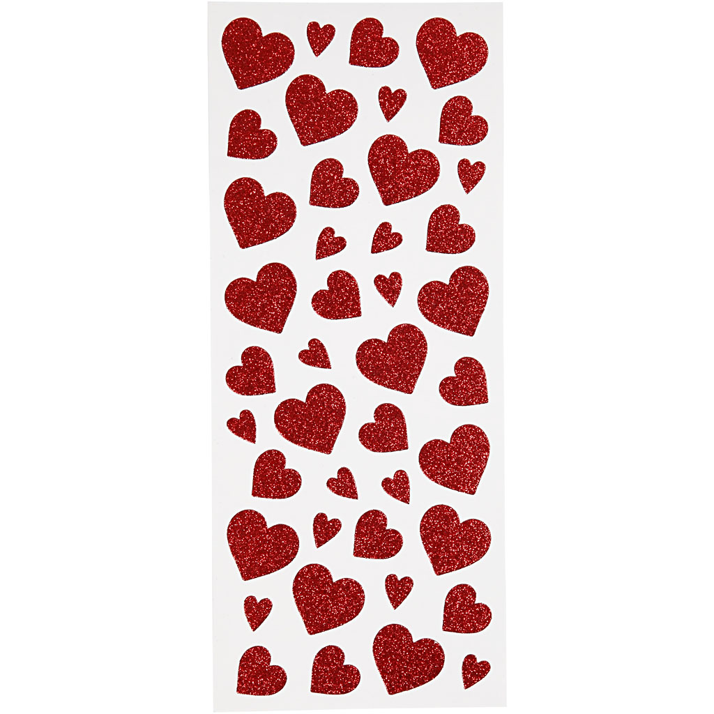 Glitterstickers, röd, hjärtan, 10x24 cm, 2 ark/ 1 förp. Rød