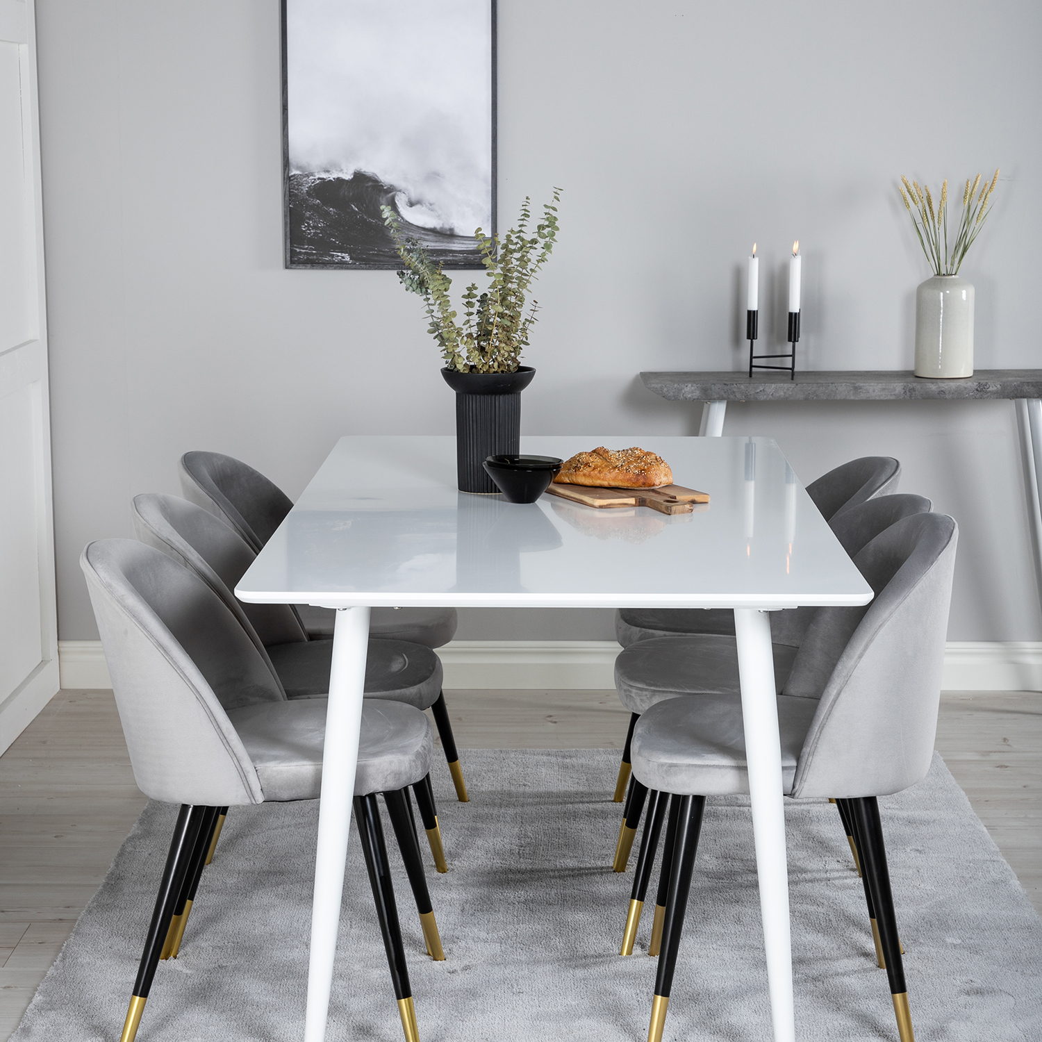 Spisegruppe Venture Home Pobbie med 6 Valentina Stoler Fløyel
