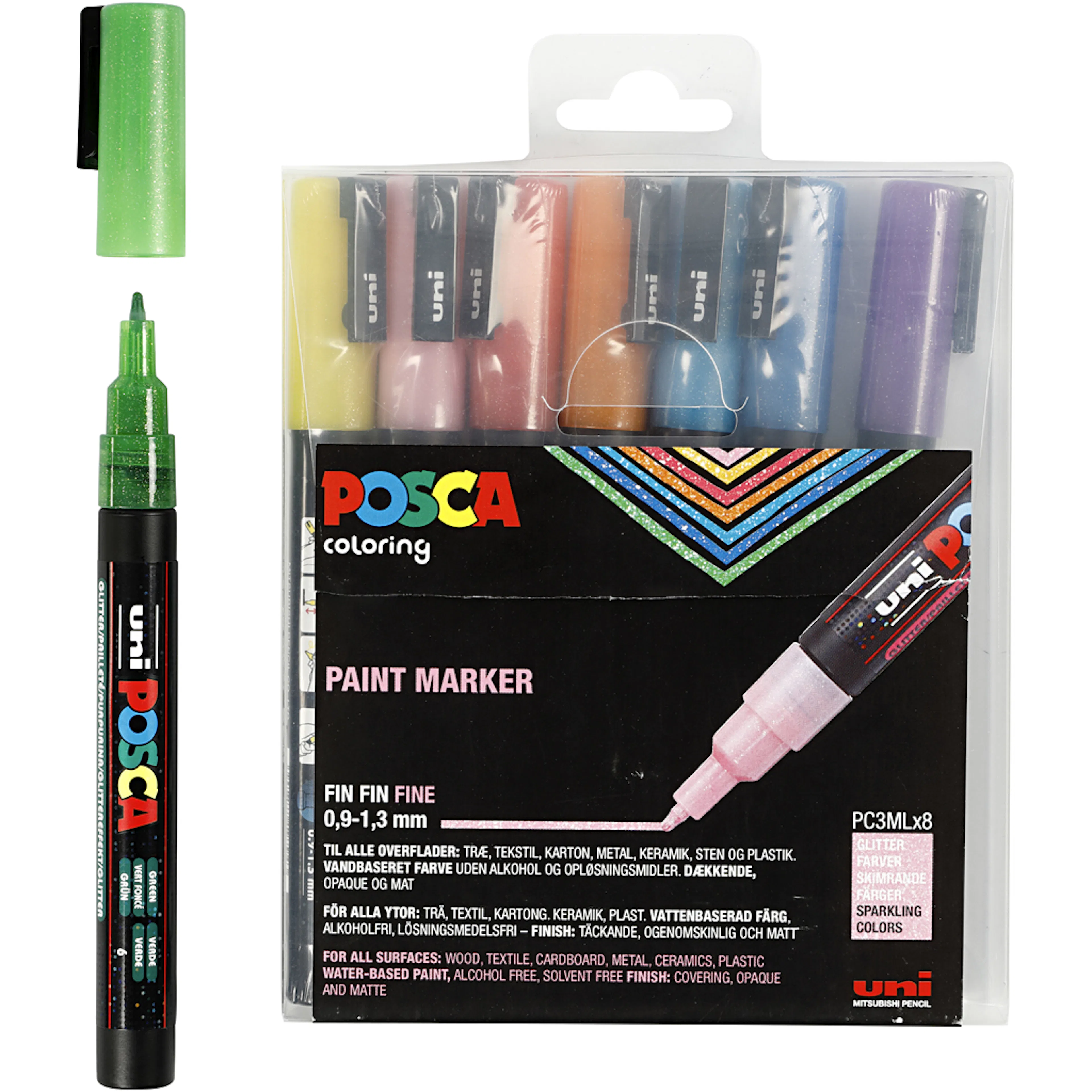 Tusj Creativ Company Posca Glitter Farger Nr PC-3ML Strek 0,9-1,3 mm 8 Stk/1 Pk