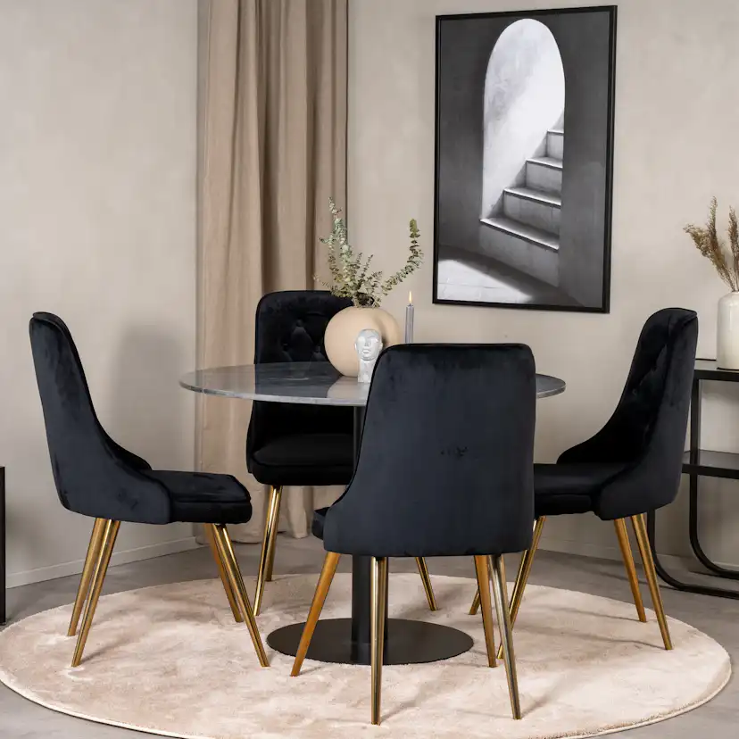 Spisegruppe Venture Home Estelle Rund med 4 Vera Stoler Fløyel