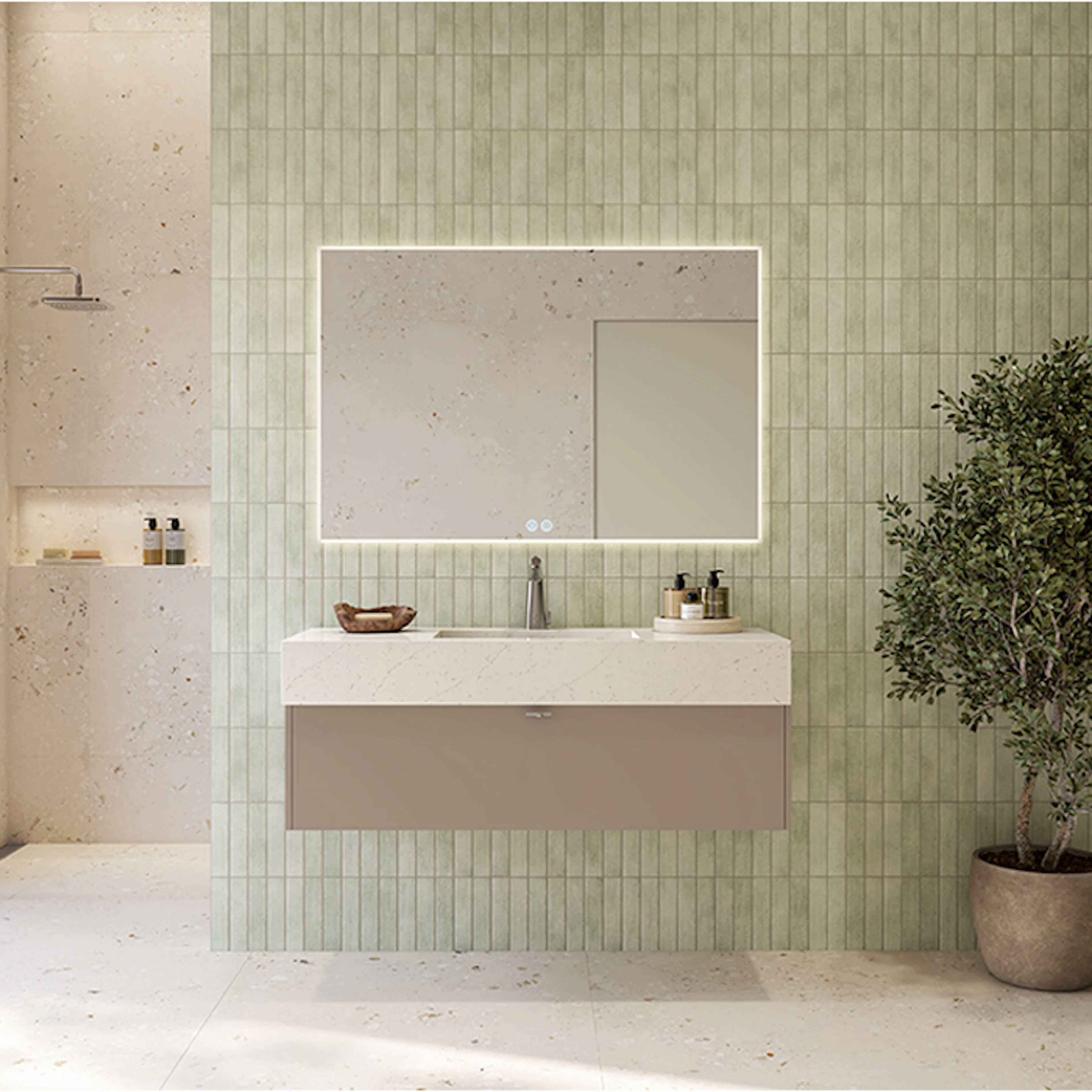 Møbelpakke FOSSBAD New Block Servantskap 120 Greige med Simplicity silestoneservant og Angular speil
