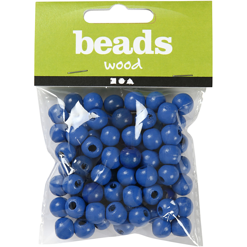 Träpärlor, blå, Dia. 10 mm, Hålstl. 3 mm, 20 g/ 1 förp. Blå
