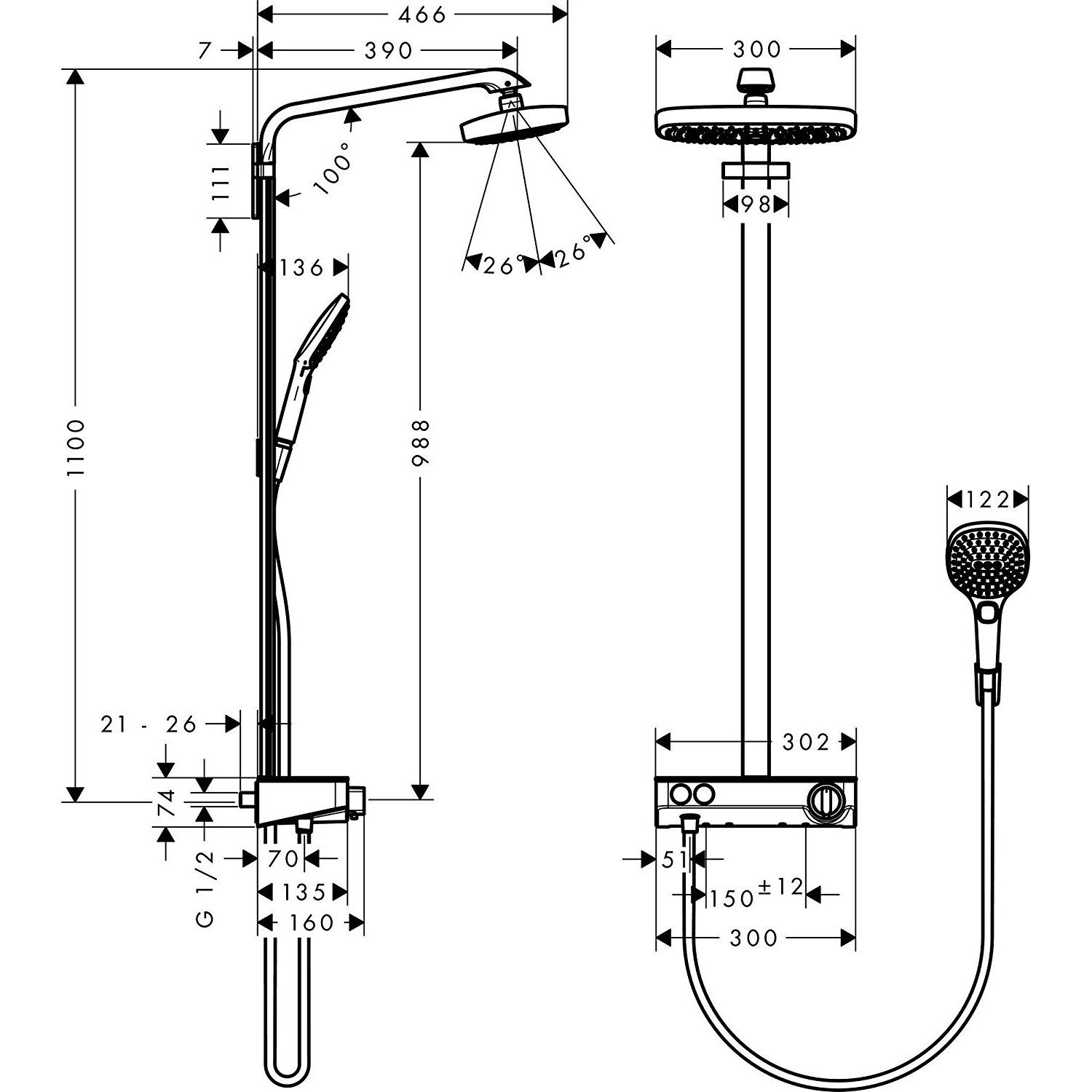 Takdusjsett Hansgrohe Raindance Select E 300 2jet Showerpipe 150 cc