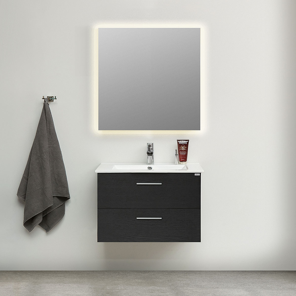 Möbelpaket 4AQUA Slim Svart Ek 80 med Lådor och Spegel Luna LED