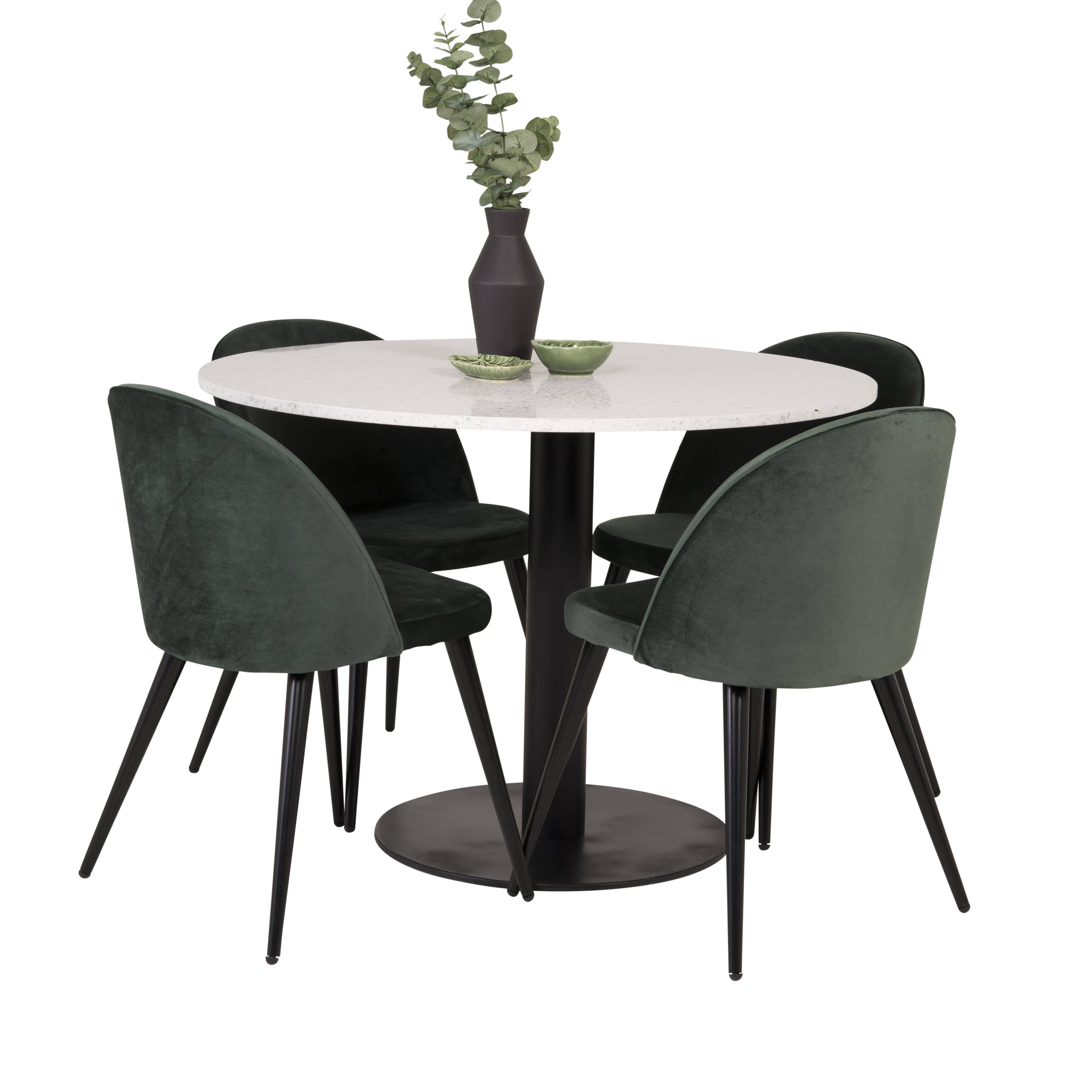 RazziaBord106cm-VitTerazzo/Black+Stol-Svart/MossgrönSammet4 Hvit Bord med Sort Bein, Grønn Stol med Sort Bein