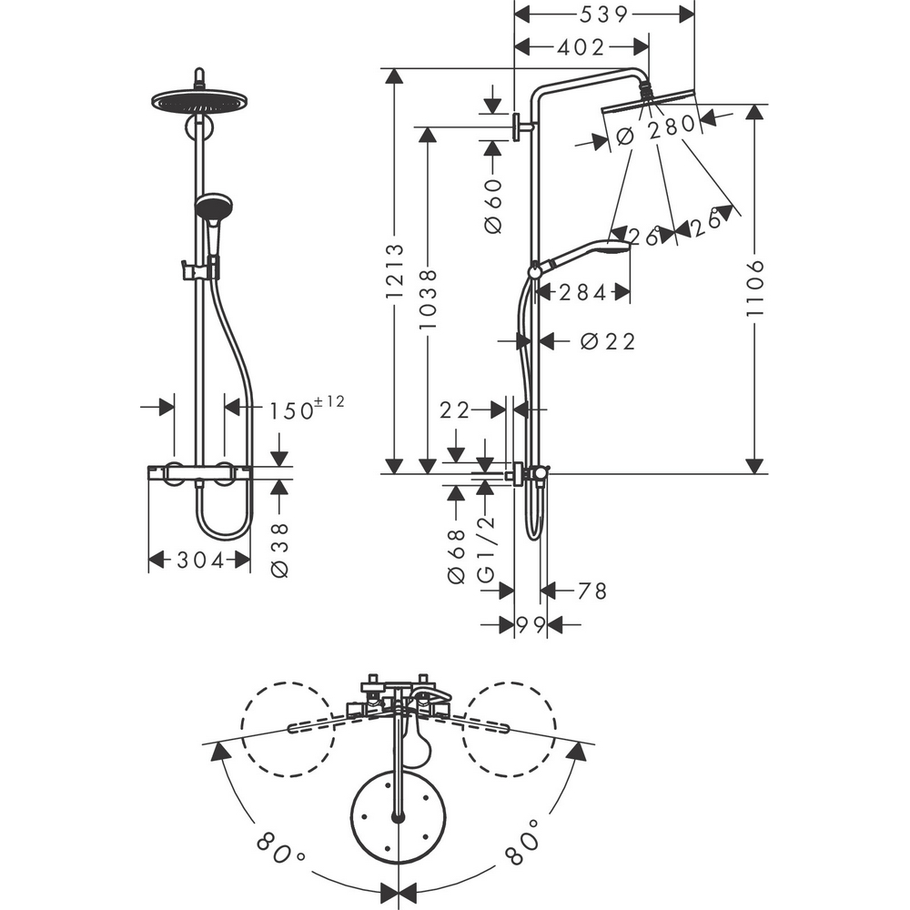 Takduschset Hansgrohe Croma Select S 280 Air 1jet Showerpipe 150 cc