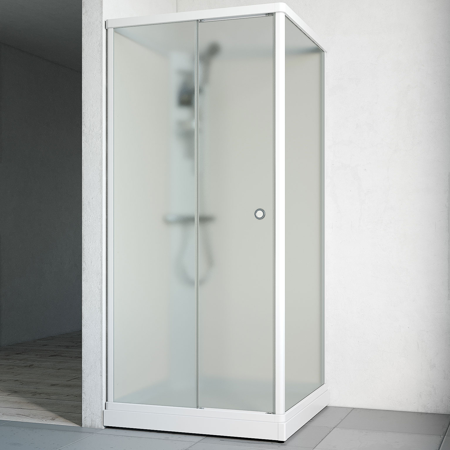Duschkabin Macro Design Flow Front med Blandare, 910x910 mm, Vit Profil, Ice/Vit bakvägg