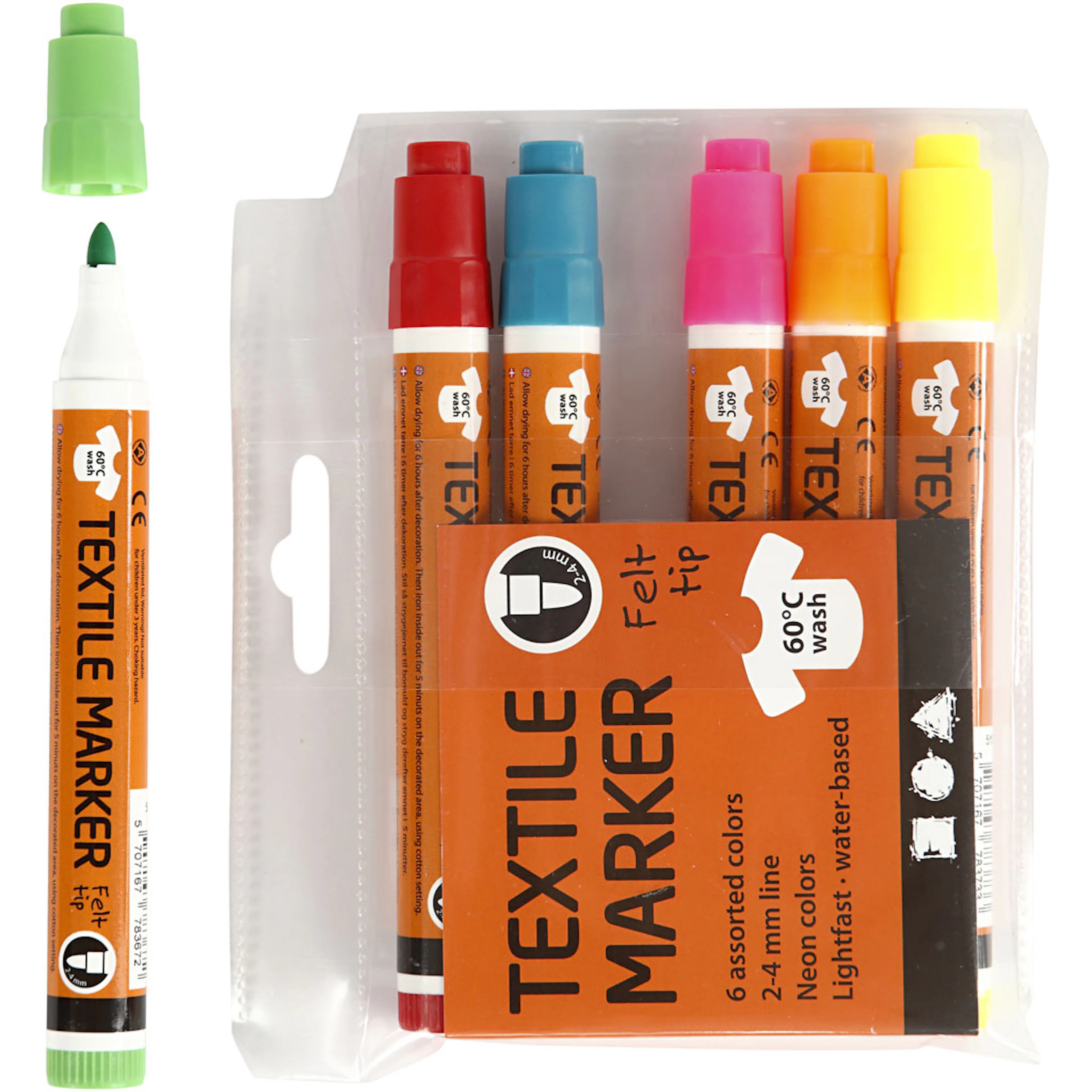 Tekstiltusj Creativ Company Neonfarger Strek 2-4 mm 6 Stk/1 Pk