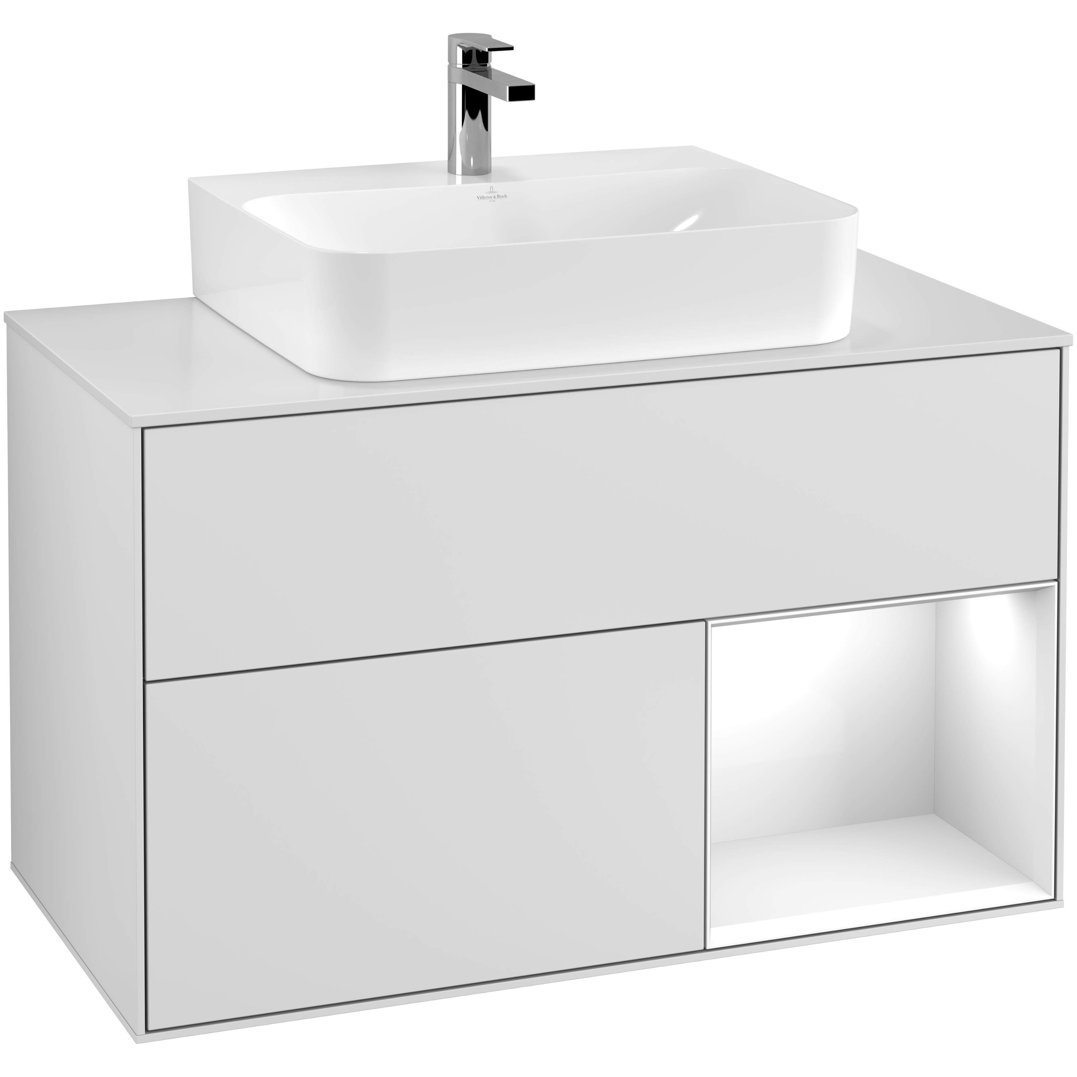 Tvättställsskåp Villeroy & Boch Finion G121GFMT Vit Mattlack/Vit Högblank med bänkskiva i Mattvitt glas med Väggbelysning, Lucka Höger