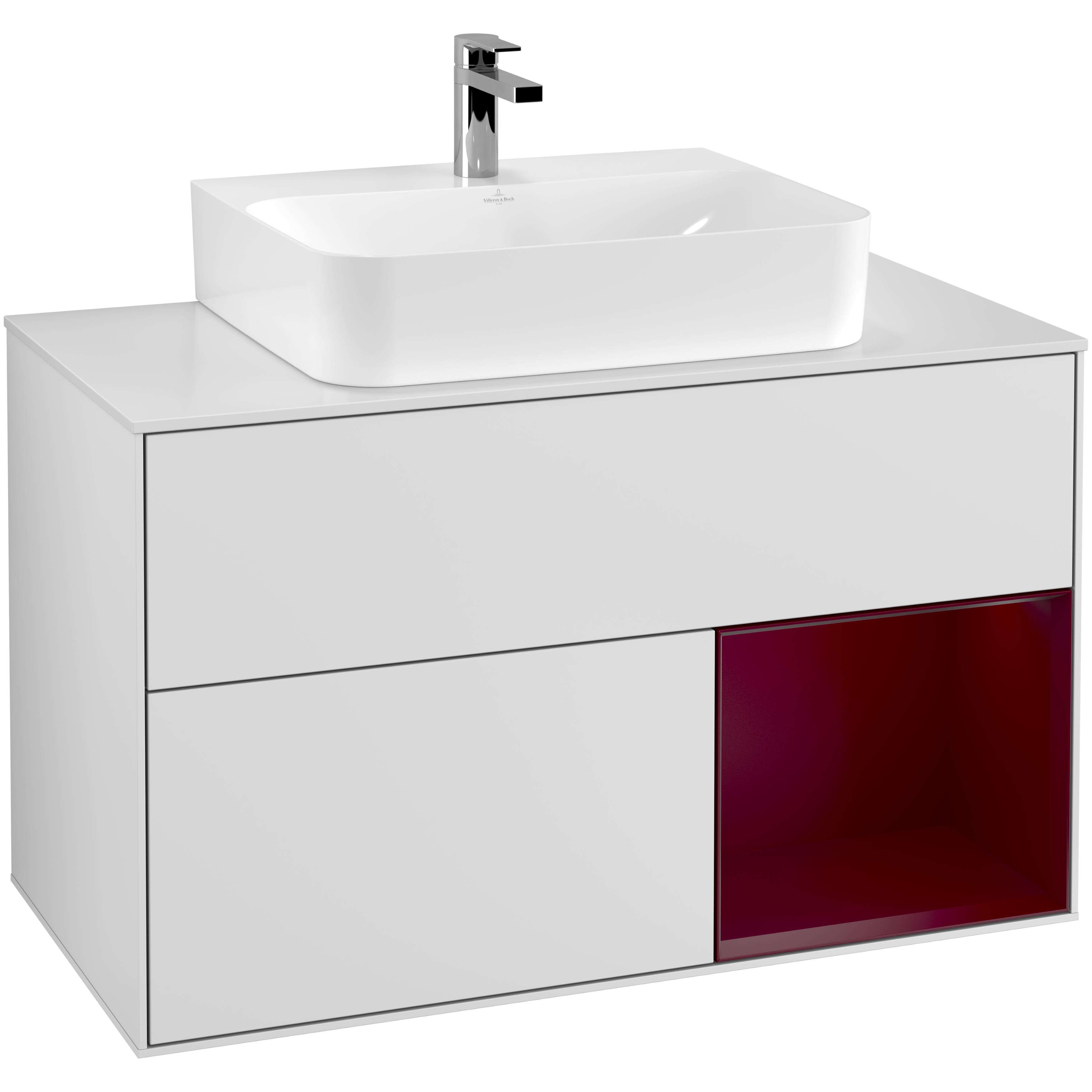 Tvättställsskåp Villeroy & Boch Finion G121HBMT Vit Mattlack/Pion Mattlack med bänkskiva i Mattvitt glas med Väggbelysning, Lucka Höger
